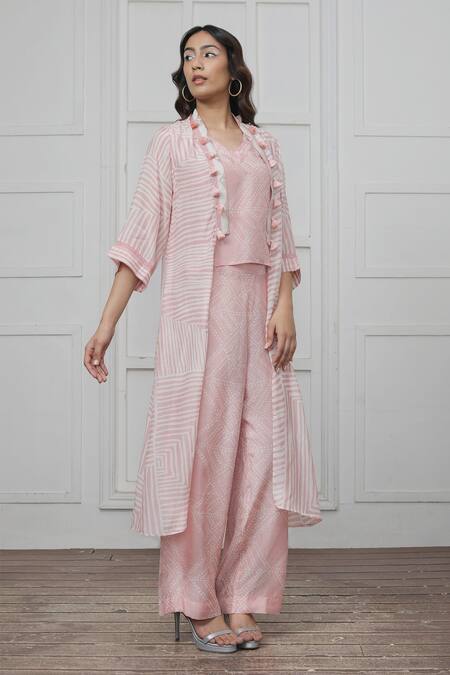 Myoho_Pink Cotton, Silk Tassels Open Neck, Jagged Striped Pattern Jacket And Pant Set_Online_at_Aza_Fashions
