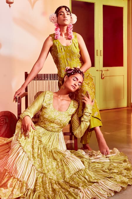 Mona And Vishu Green Dupion Silk, Dupatta Organza Cut Dana Jaal And Hand Embroidered Kurta Set Online at Aza Fashions Mona And Vishu_Green Dupion Silk, Dupatta Organza Cut Dana Jaal And Hand Embroidered Kurta Set _Online_at_Aza_Fashions