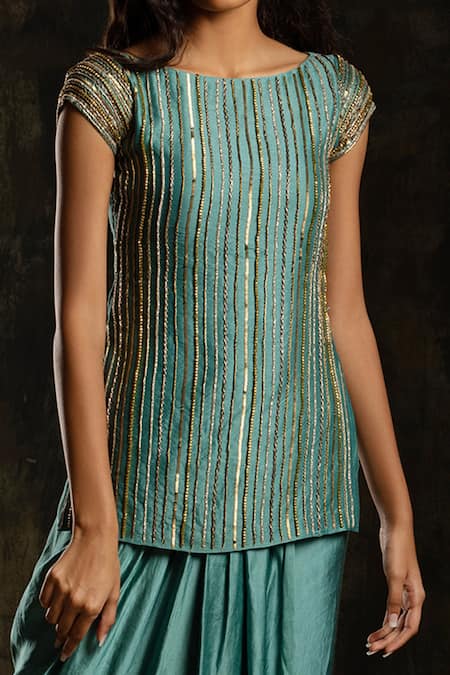 Mona And Vishu Blue Draped Skirt Satin Linen, Kurta And Scarf Chanderi Silk Embroidered Set Online at Aza Fashions Mona And Vishu_Blue Draped Skirt Satin Linen, Kurta And Scarf Chanderi Silk Embroidered Set _Online_at_Aza_Fashions