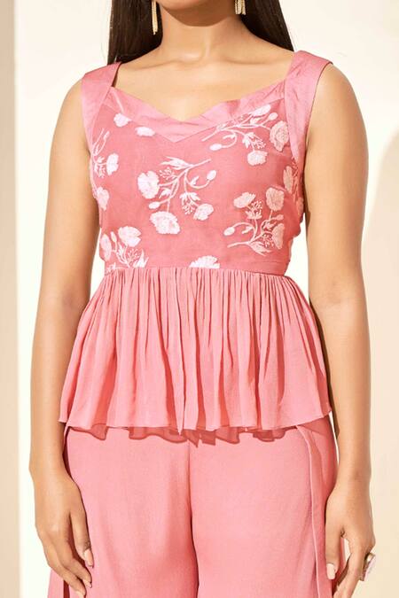 Shop_Suruchi Parakh_Pink Georgette Lining Shantoon Thread V Neck Tunic And Pant Set_Online_at_Aza_Fashions