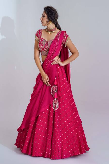 Suruchi Parakh Pink Georgette Crepe, Lining Shantoon Sweetheart Draped Lehenga And Blouse Set Online at Aza Fashions Suruchi Parakh_Pink Georgette Crepe, Lining Shantoon Sweetheart Draped Lehenga And Blouse Set _Online_at_Aza_Fashions