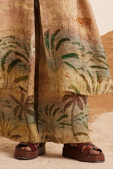 Cord Beige Linen Scoop Neck Printed Tunic And Flared Pant Set Online at Aza Fashions Cord_Beige Linen Scoop Neck Printed Tunic And Flared Pant Set_Online_at_Aza_Fashions