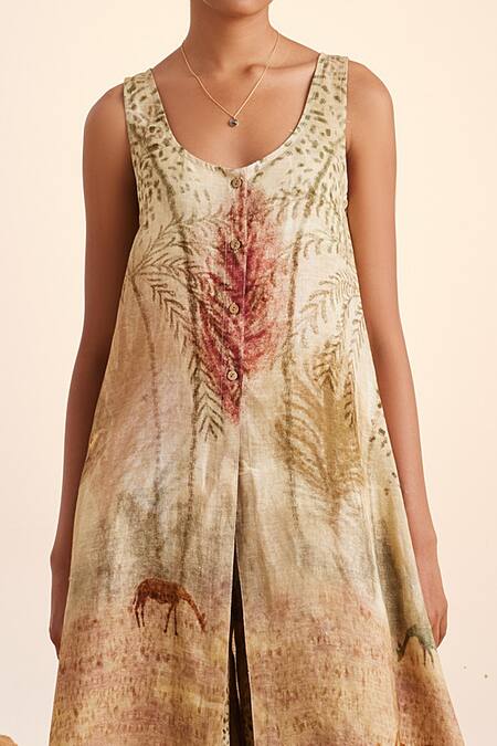 Buy Cord Beige Linen Scoop Neck Printed Tunic And Flared Pant Set Online at Aza Fashions Buy_Cord_Beige Linen Scoop Neck Printed Tunic And Flared Pant Set_Online_at_Aza_Fashions