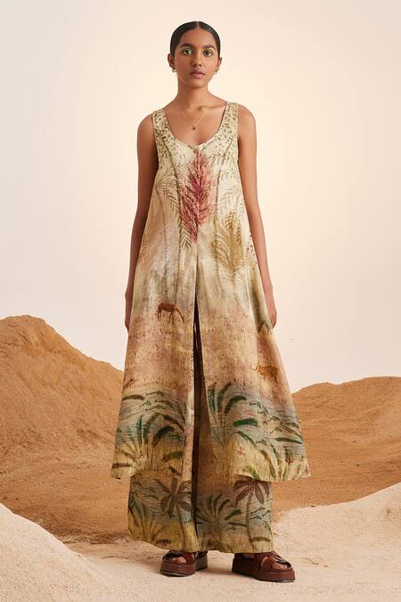 Shop Cord Beige Linen Scoop Neck Printed Tunic And Flared Pant Set Online at Aza Fashions Shop_Cord_Beige Linen Scoop Neck Printed Tunic And Flared Pant Set_Online_at_Aza_Fashions