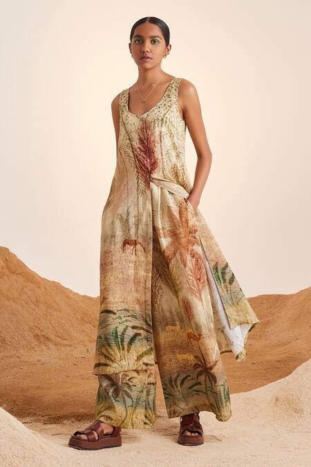 Cord Beige Linen Scoop Neck Printed Tunic And Flared Pant Set at Aza Fashions Cord_Beige Linen Scoop Neck Printed Tunic And Flared Pant Set_at_Aza_Fashions