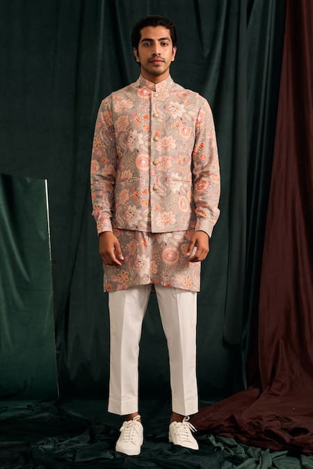 Project Bandi_Gray Malai Cotton Printed Floral Bundi And Kurta Set _Online_at_Aza_Fashions