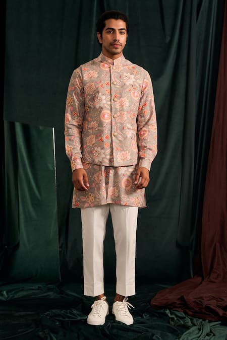 Buy_Project Bandi_Gray Malai Cotton Printed Floral Bundi And Kurta Set _Online_at_Aza_Fashions