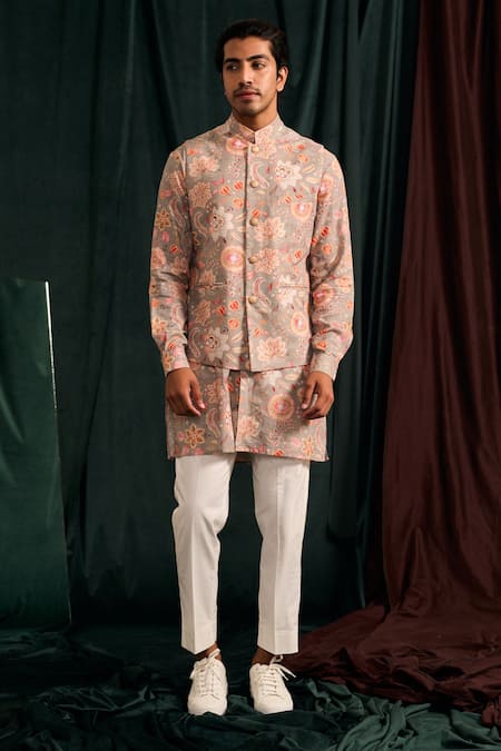 Project Bandi_Gray Malai Cotton Printed Floral Bundi And Kurta Set _at_Aza_Fashions