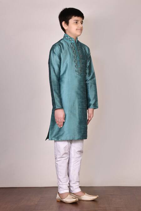 Petite Pomme_Green Silk Embroidery Kurta Set _Online_at_Aza_Fashions