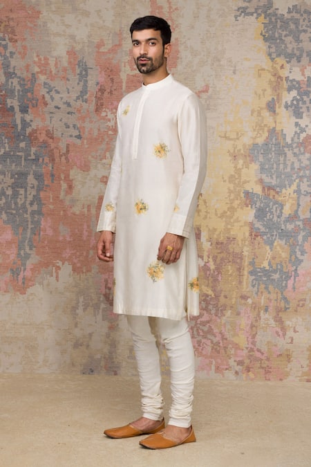 Devnaagri_White Cotton, Silk Chanderi Kurta Set _Online_at_Aza_Fashions