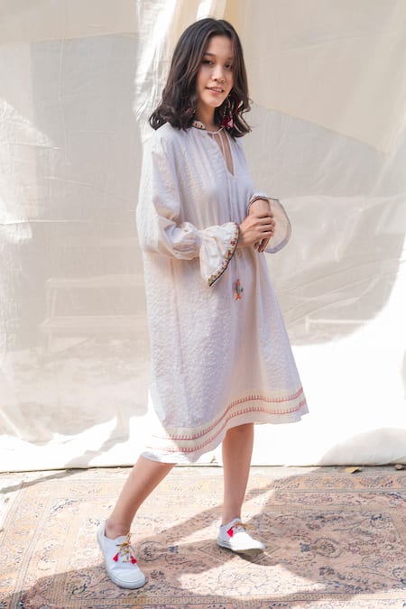 Shop Nikasha White Cotton Round Textured Dress Online at Aza Fashions Shop_Nikasha_White Cotton Round Textured Dress _Online_at_Aza_Fashions