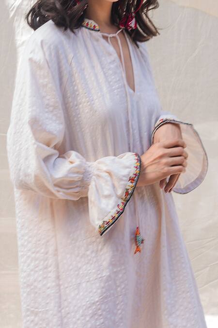 Nikasha White Cotton Round Textured Dress at Aza Fashions Nikasha_White Cotton Round Textured Dress _at_Aza_Fashions