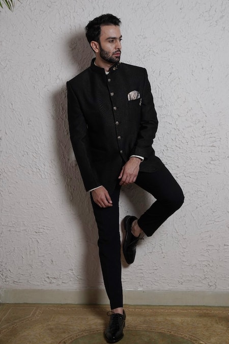 Soniya G_Black Terry Wool Button Down Bandhgala Set _Online_at_Aza_Fashions