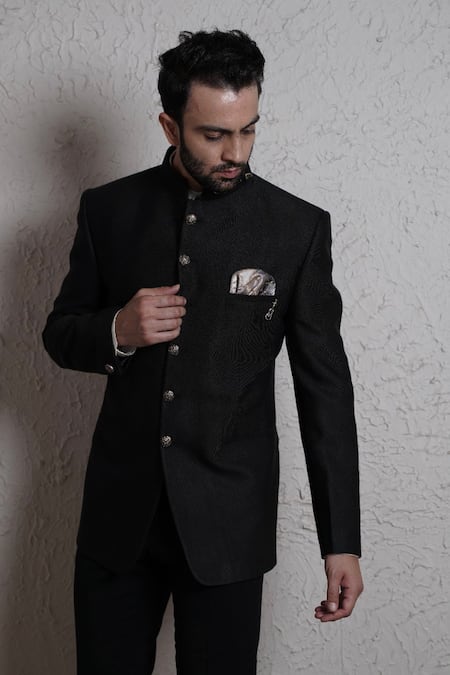 Buy_Soniya G_Black Terry Wool Button Down Bandhgala Set _Online_at_Aza_Fashions