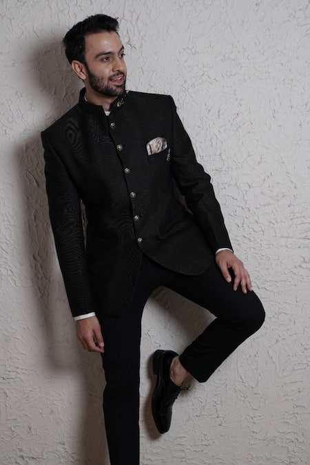 Shop_Soniya G_Black Terry Wool Button Down Bandhgala Set _Online_at_Aza_Fashions