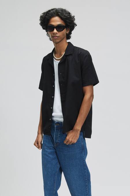 Terra Luna Black 100% Organic Handloom Cotton Palawan Shirt Online at Aza Fashions Terra Luna_Black 100% Organic Handloom Cotton Palawan Shirt _Online_at_Aza_Fashions