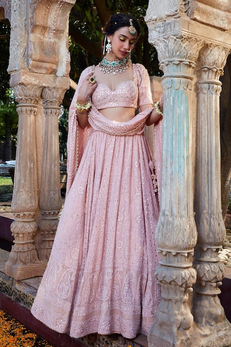 Buy_Kritika Dawar_Pink Silk, Georgette, Mukaish Embroidered Bridal Lehenga Set _Online_at_Aza_Fashions