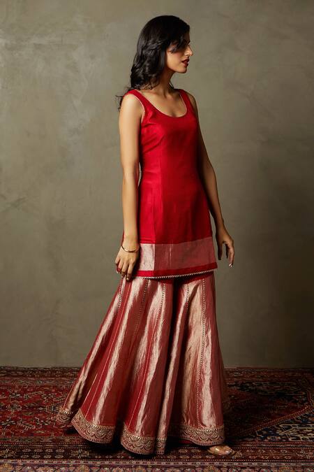 Buy_RI.Ritu Kumar_Red Silk Embroidered Scalloped Round Christin Kurta Gharara Set _Online_at_Aza_Fashions