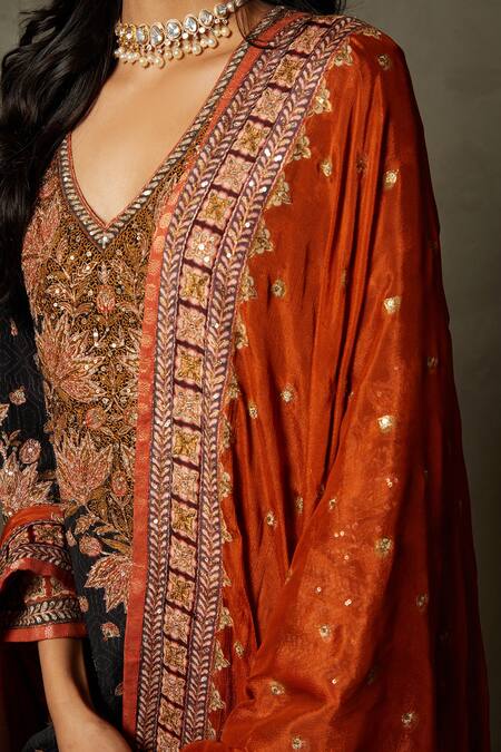 RI.Ritu Kumar_Black Kurta - Rayon Crepe Printed Waterfall Floral Pattern Pant Set _Online_at_Aza_Fashions