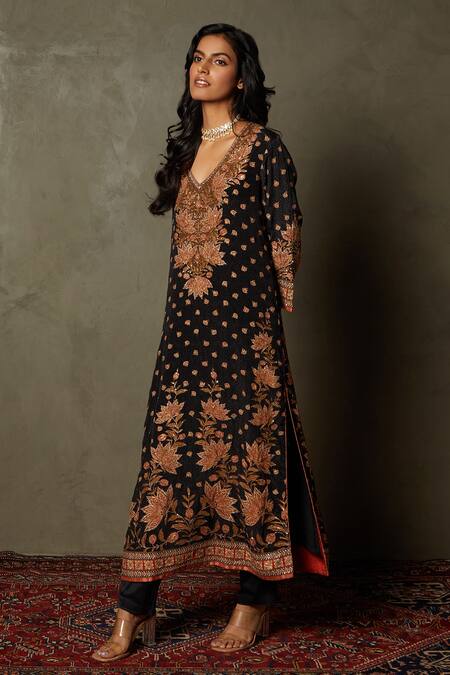 Buy_RI.Ritu Kumar_Black Kurta - Rayon Crepe Printed Waterfall Floral Pattern Pant Set _Online_at_Aza_Fashions