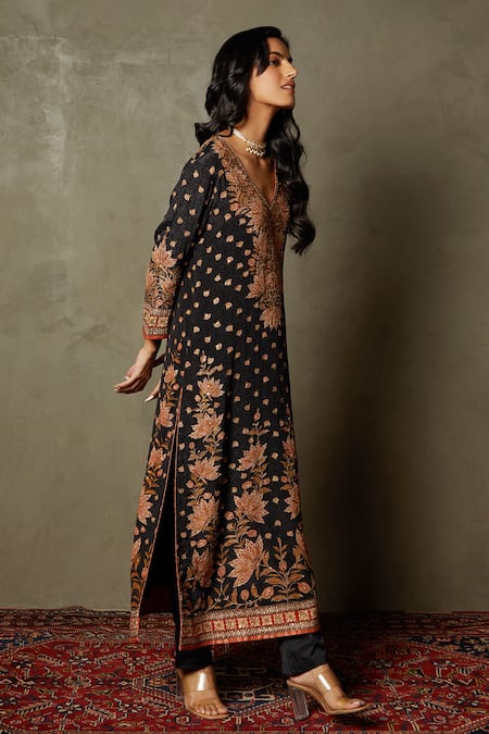 Shop_RI.Ritu Kumar_Black Kurta - Rayon Crepe Printed Waterfall Floral Pattern Pant Set _Online_at_Aza_Fashions
