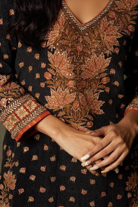 RI.Ritu Kumar_Black Kurta - Rayon Crepe Printed Waterfall Floral Pattern Pant Set _at_Aza_Fashions