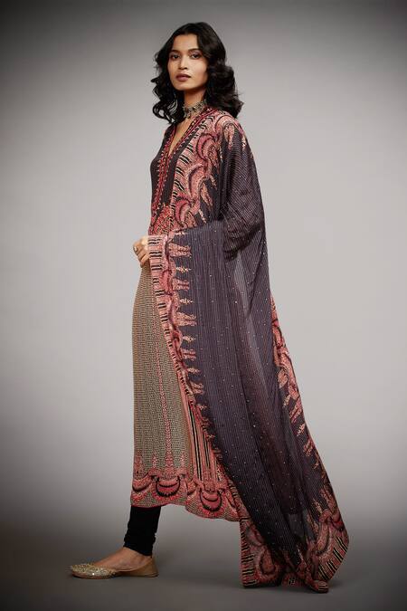 Buy_RI.Ritu Kumar_Black Kurta - Rayon Crepe Printed Jamawar Band Collar Malisha Embroidered Set_Online_at_Aza_Fashions
