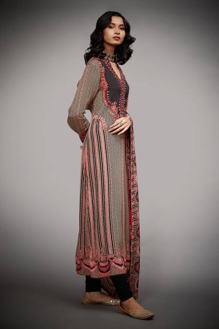 Shop_RI.Ritu Kumar_Black Kurta - Rayon Crepe Printed Jamawar Band Collar Malisha Embroidered Set_Online_at_Aza_Fashions