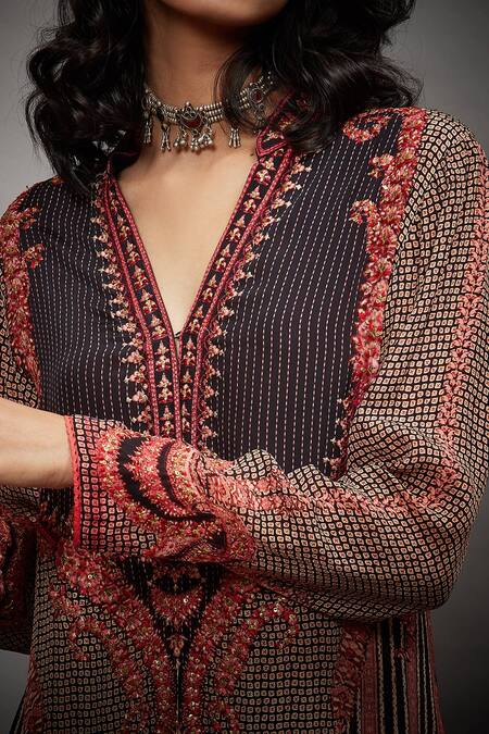 RI.Ritu Kumar_Black Kurta - Rayon Crepe Printed Jamawar Band Collar Malisha Embroidered Set_at_Aza_Fashions