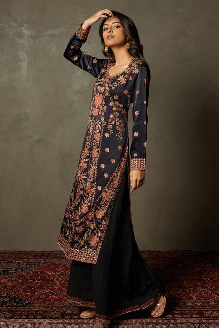 Buy_RI.Ritu Kumar_Black Kurta - Silk Satin Printed Avena Floral Aari Embroidered Palazzo Set _Online_at_Aza_Fashions