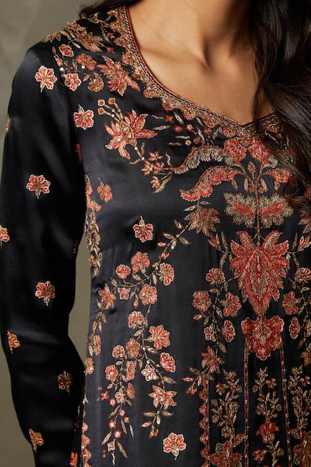 Shop_RI.Ritu Kumar_Black Kurta - Silk Satin Printed Avena Floral Aari Embroidered Palazzo Set _Online_at_Aza_Fashions