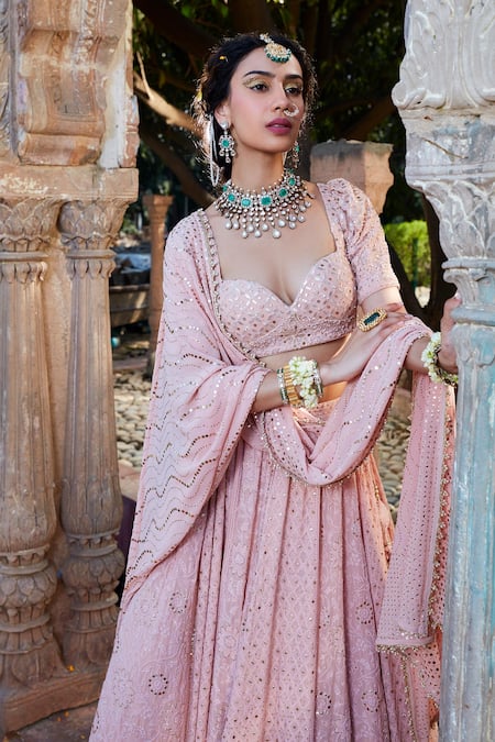 Shop_Kritika Dawar_Pink Silk, Georgette, Mukaish Embroidered Bridal Lehenga Set _Online_at_Aza_Fashions