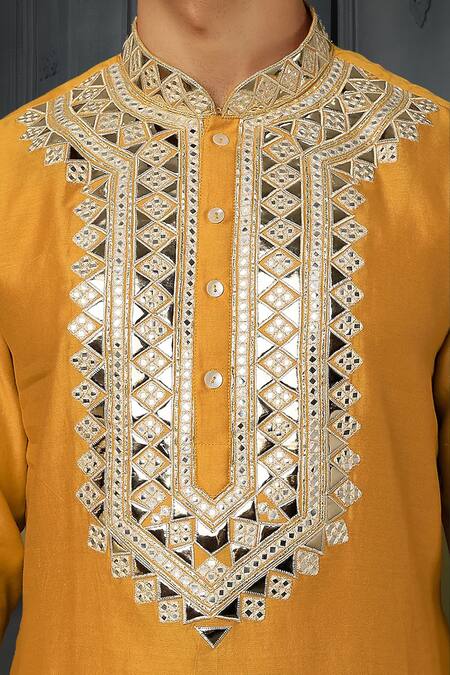 Sammohan Ceremonial_Yellow Vis Silk And Spun  Lining 100% Embroidery Thread Kurta Set_Online_at_Aza_Fashions