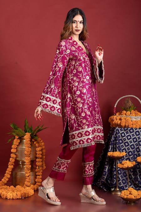 Shop_Monk & Mei By Sonia Anand_Purple Brocade, Satin Tassels, Pearls V-neck Meena Pakistani Kurta With Pant _Online_at_Aza_Fashions