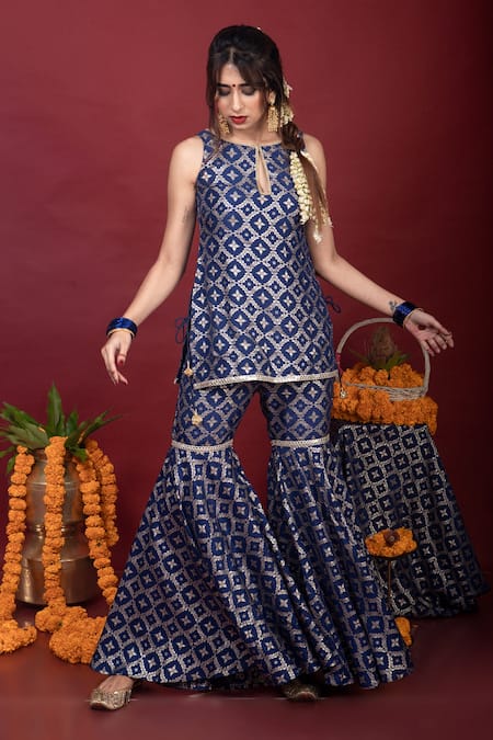 Buy_Monk & Mei By Sonia Anand_Blue Brocade, Organza Lace, Embroidery Round Floral Pattern Kurta Sharara Set _Online_at_Aza_Fashions