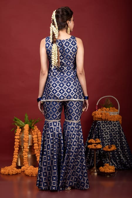 Monk & Mei By Sonia Anand_Blue Brocade, Organza Lace, Embroidery Round Floral Pattern Kurta Sharara Set _at_Aza_Fashions