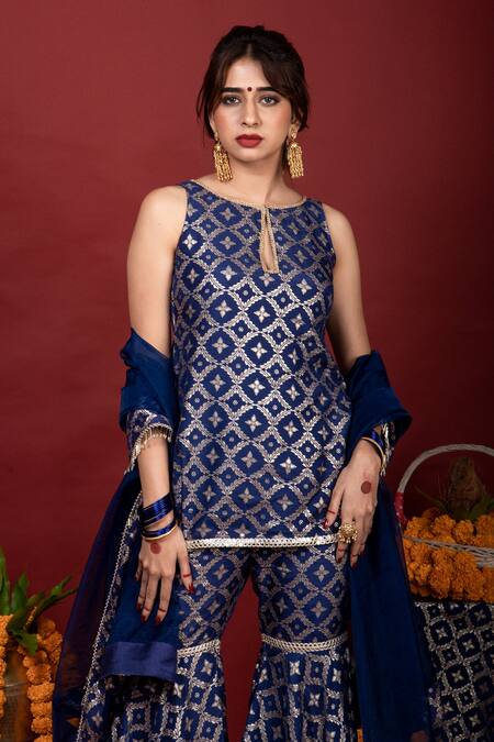 Buy_Monk & Mei By Sonia Anand_Blue Brocade, Organza Lace, Embroidery Round Floral Pattern Kurta Sharara Set 
