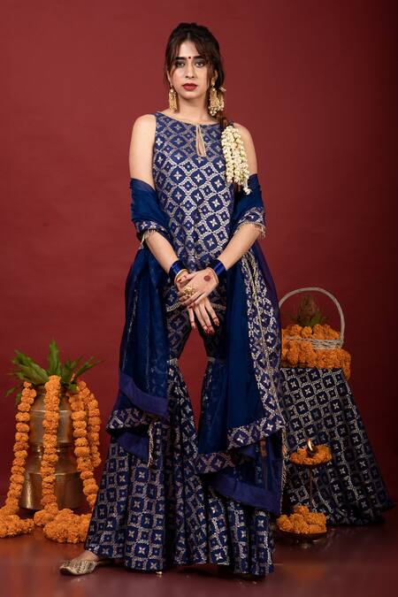 Shop_Monk & Mei By Sonia Anand_Blue Brocade, Organza Lace, Embroidery Round Floral Pattern Kurta Sharara Set 