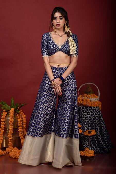 Buy_Monk & Mei By Sonia Anand_Blue Brocade Embroidery V-neck Sevati Floral Pattern Sharara Saree With Blouse _Online_at_Aza_Fashions