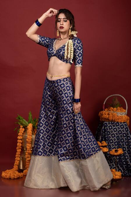 Shop_Monk & Mei By Sonia Anand_Blue Brocade Embroidery V-neck Sevati Floral Pattern Sharara Saree With Blouse _Online_at_Aza_Fashions