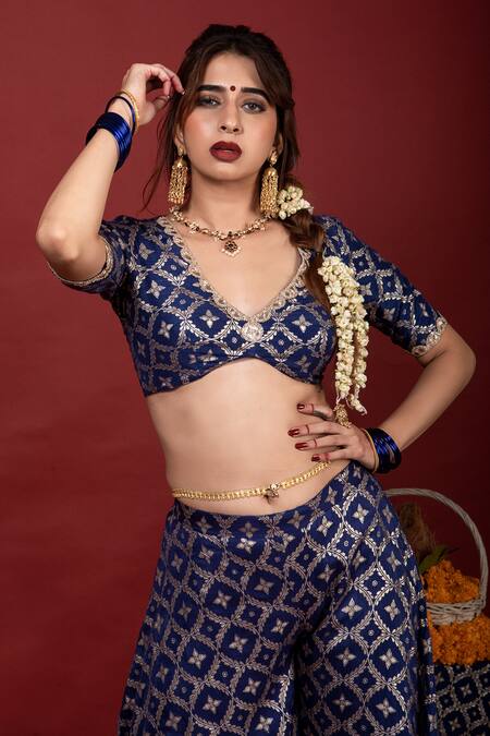 Monk & Mei By Sonia Anand_Blue Brocade Embroidery V-neck Sevati Floral Pattern Sharara Saree With Blouse _at_Aza_Fashions