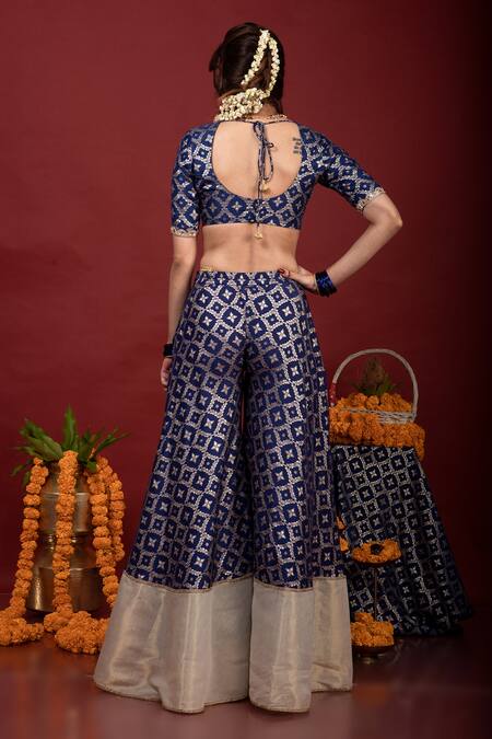 Buy_Monk & Mei By Sonia Anand_Blue Brocade Embroidery V-neck Sevati Floral Pattern Sharara Saree With Blouse 