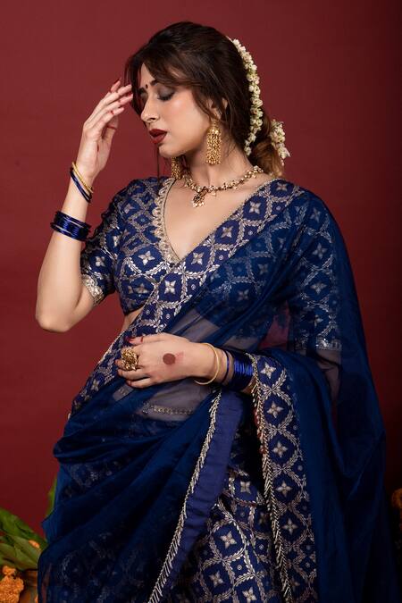 Shop_Monk & Mei By Sonia Anand_Blue Brocade Embroidery V-neck Sevati Floral Pattern Sharara Saree With Blouse 