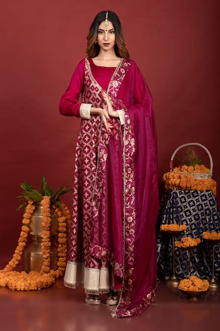 Buy Monk & Mei By Sonia Anand Purple Brocade, Satin Tassels Square Neck Floral Pattern Anarkali Online at Aza Fashions Buy_Monk & Mei By Sonia Anand_Purple Brocade, Satin Tassels Square Neck Floral Pattern Anarkali _Online_at_Aza_Fashions