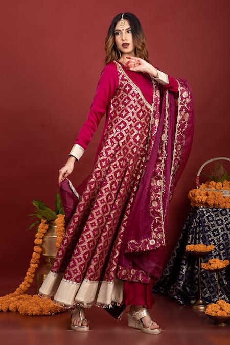 Shop Monk & Mei By Sonia Anand Purple Brocade, Satin Tassels Square Neck Floral Pattern Anarkali Online at Aza Fashions Shop_Monk & Mei By Sonia Anand_Purple Brocade, Satin Tassels Square Neck Floral Pattern Anarkali _Online_at_Aza_Fashions