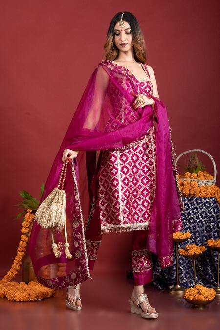 Buy_MONK & MEI BY SONIA ANAND_Purple Brocade, Satin, Chiffon Tassels, Pearls Square Neck Straight Kurta Set _Online_at_Aza_Fashions