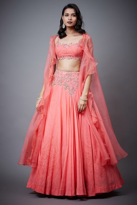 RI.Ritu Kumar_Pink Silk, Viscose, Cotton Embroidery Square Neck Nazli Lehenga Set With Cape _Online_at_Aza_Fashions