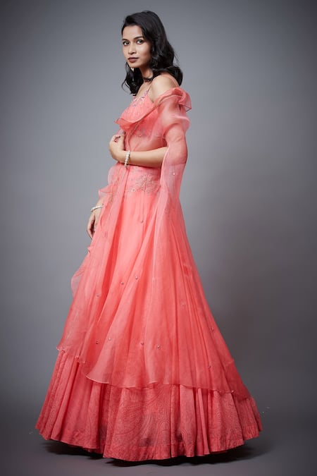 Buy_RI.Ritu Kumar_Pink Silk, Viscose, Cotton Embroidery Square Neck Nazli Lehenga Set With Cape _Online_at_Aza_Fashions