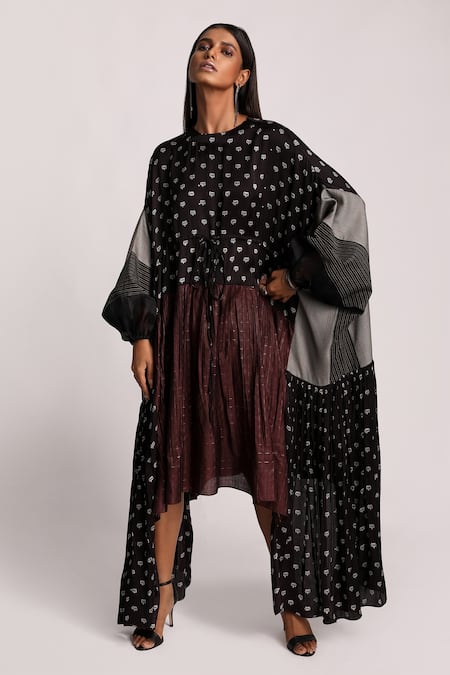 Kritika Murarka_Black Cotton, Modal Satin, Organza Silk Lotus And Vintage Drawstring Dress _Online_at_Aza_Fashions