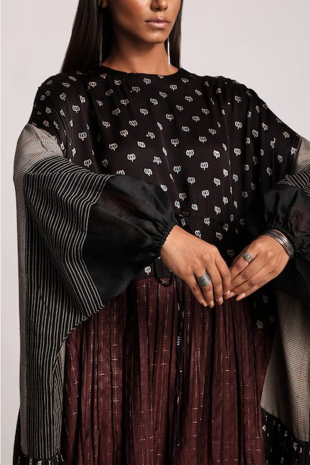 Buy_Kritika Murarka_Black Cotton, Modal Satin, Organza Silk Lotus And Vintage Drawstring Dress _Online_at_Aza_Fashions